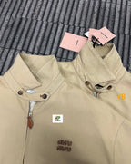 Miu Miu Solid Color Lapel Zip-Up Logo Long-Sleeved Jacket