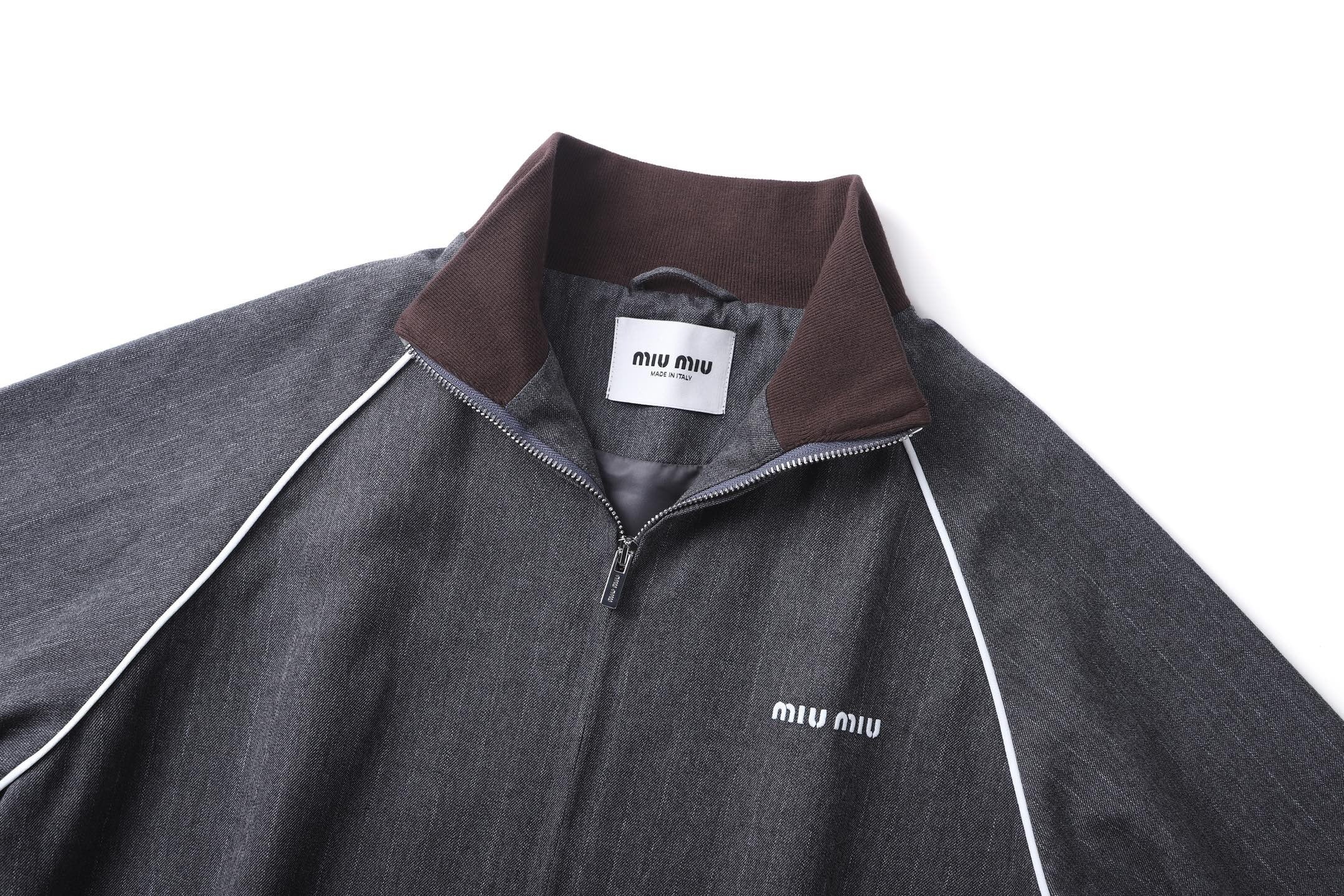 Miu Miu Stand-Up Collar Pinstripe Zip-Up Jacket