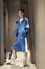 Dior CD Blue and White Patchwork Stand Collar Zip-Up Jacket