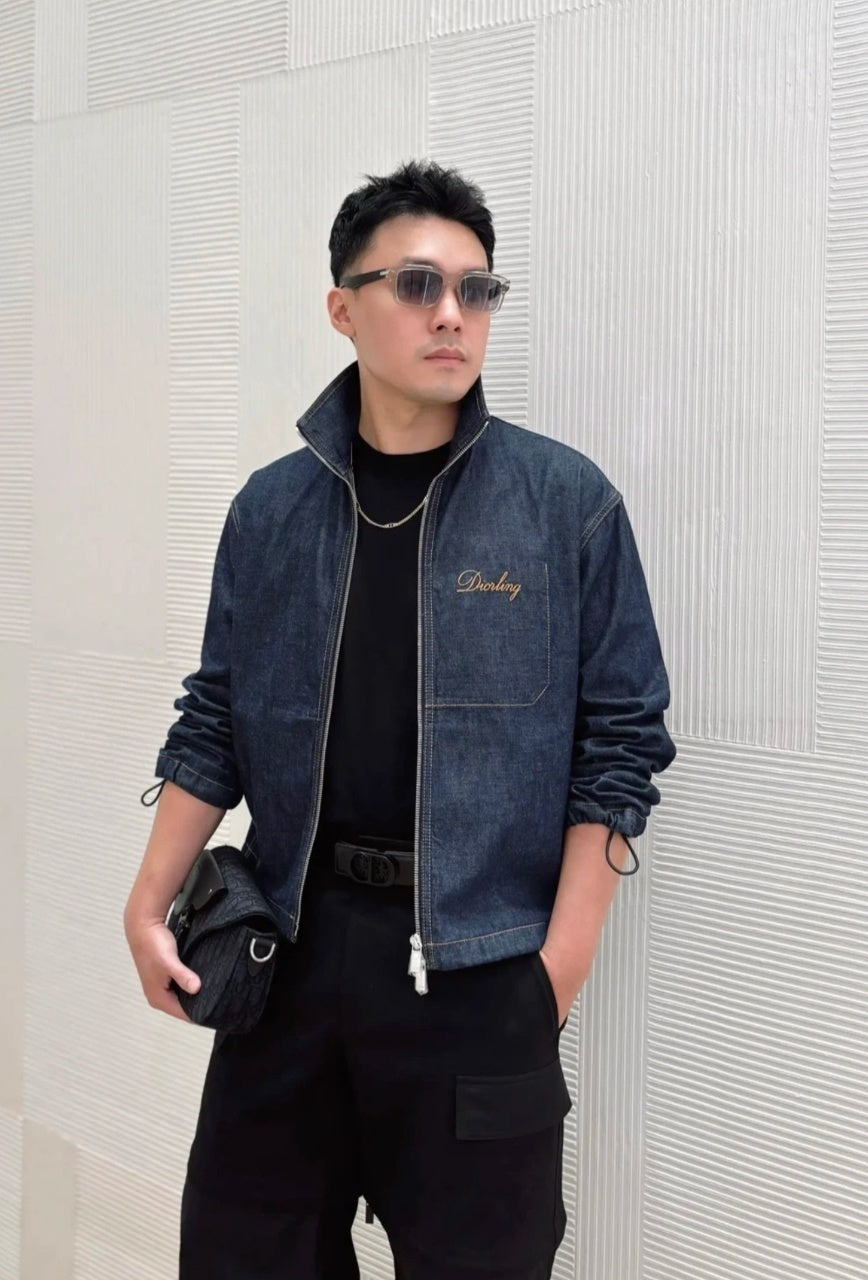 Dior Embroidered Topstitched Denim Stand-Up Collar Jacket