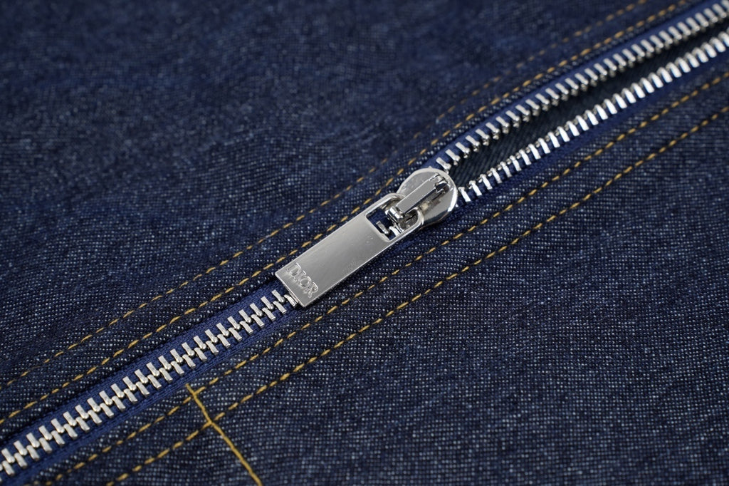 Dior Embroidered Topstitched Denim Stand-Up Collar Jacket