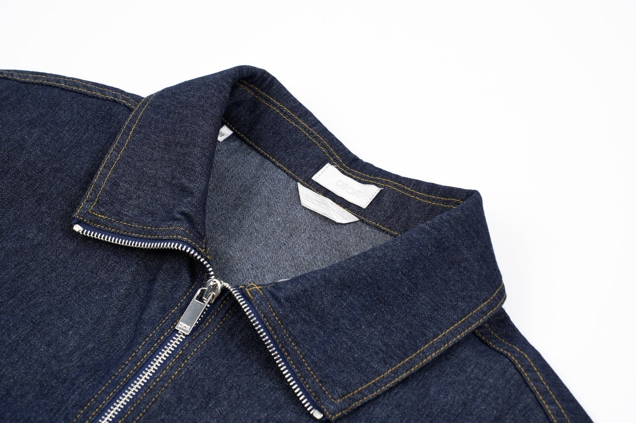 Dior Embroidered Topstitched Denim Stand-Up Collar Jacket