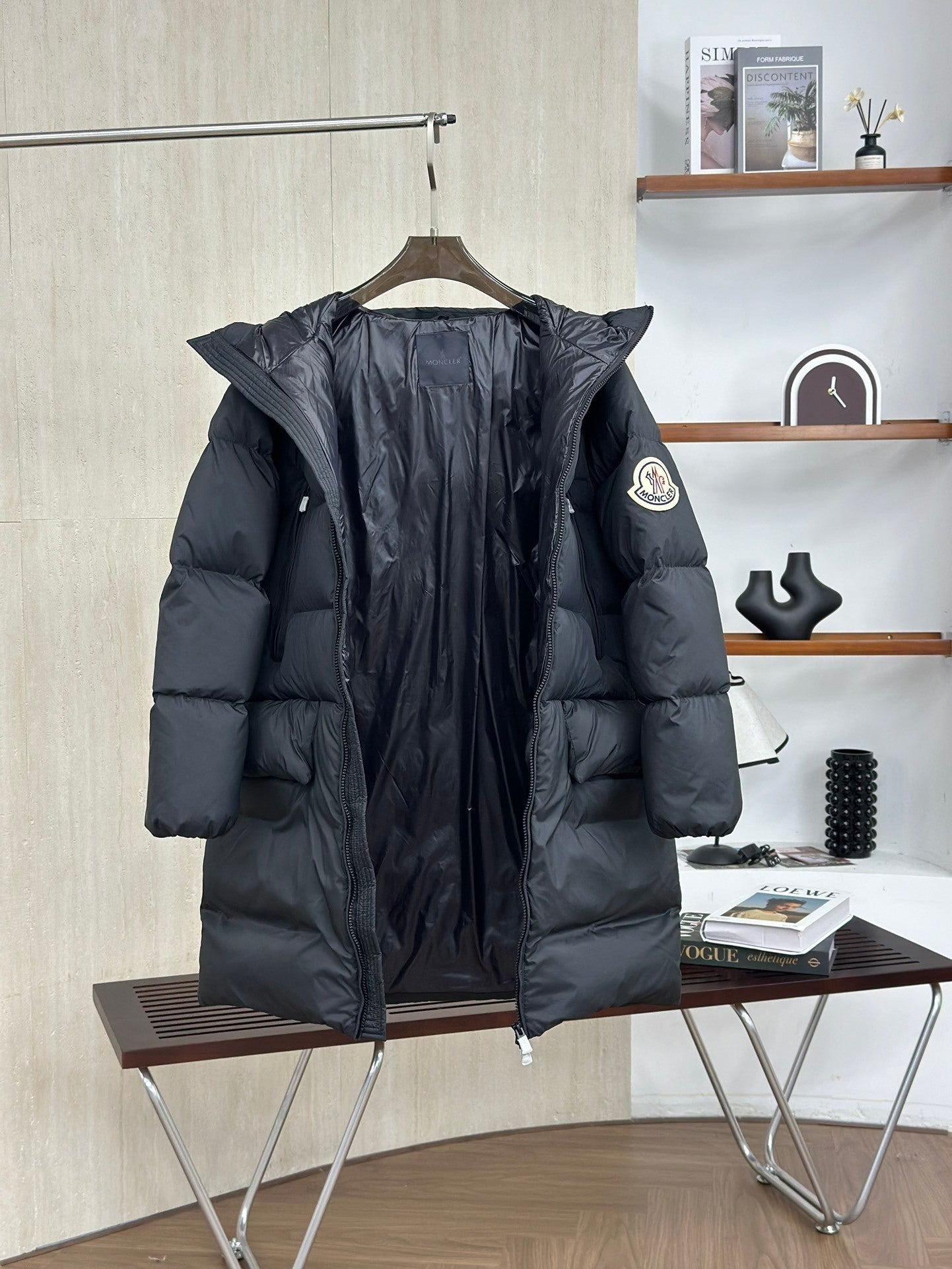 Moncler Midi-Length Down Jacket with Felt Badge