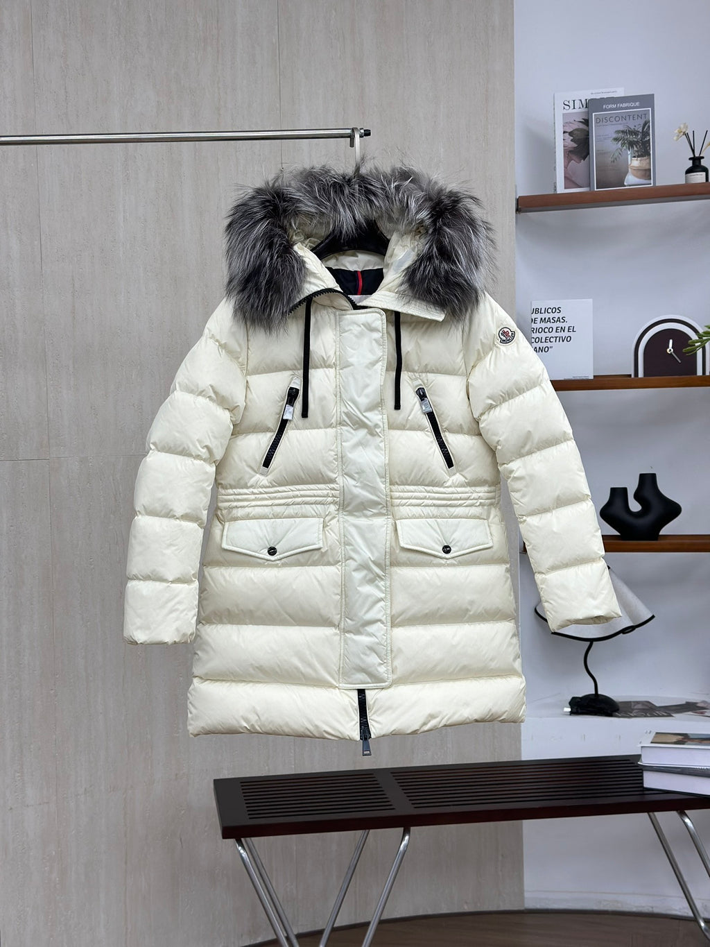 Moncler Silver Fox Fur Collar Long Down Jacket
