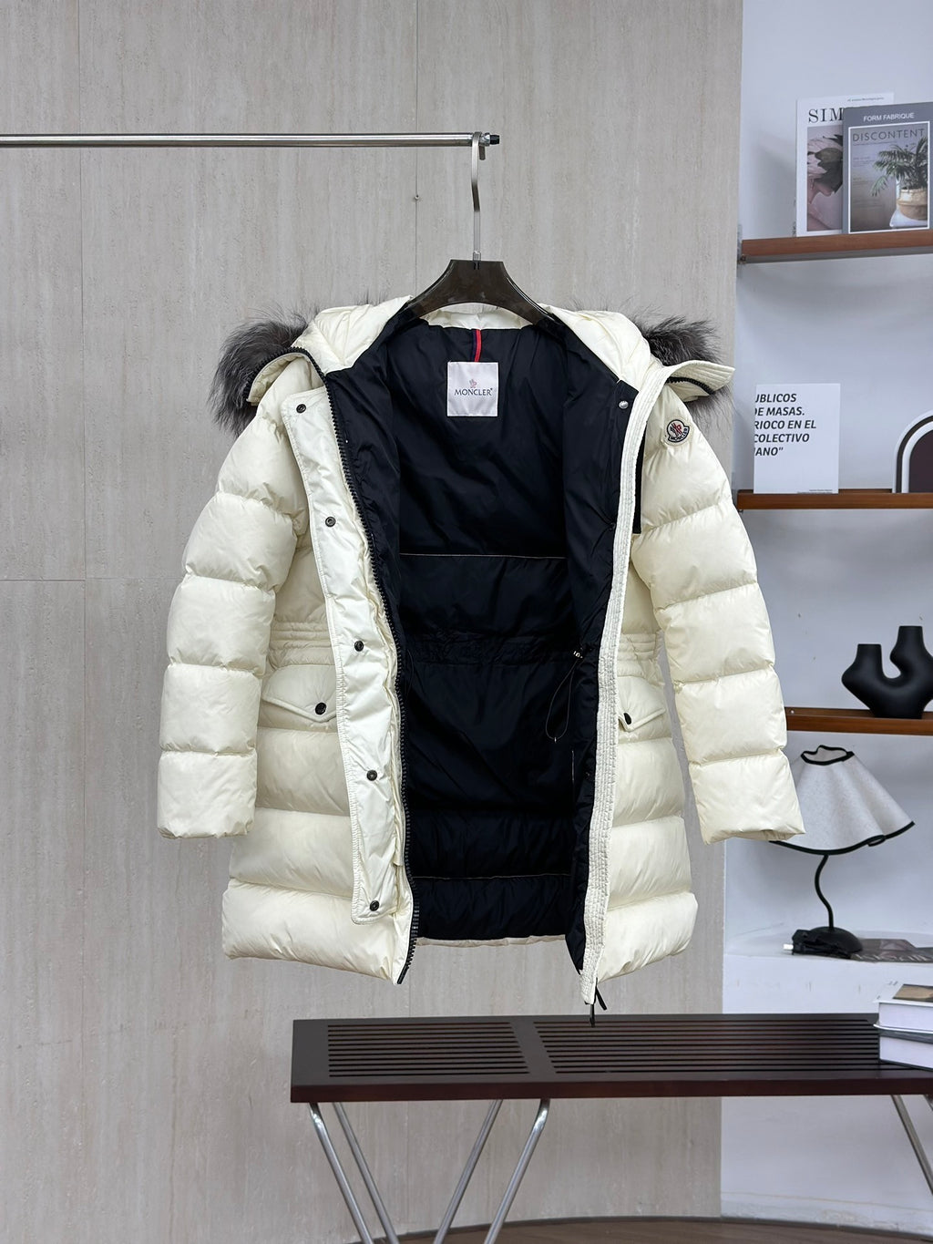 Moncler Silver Fox Fur Collar Long Down Jacket