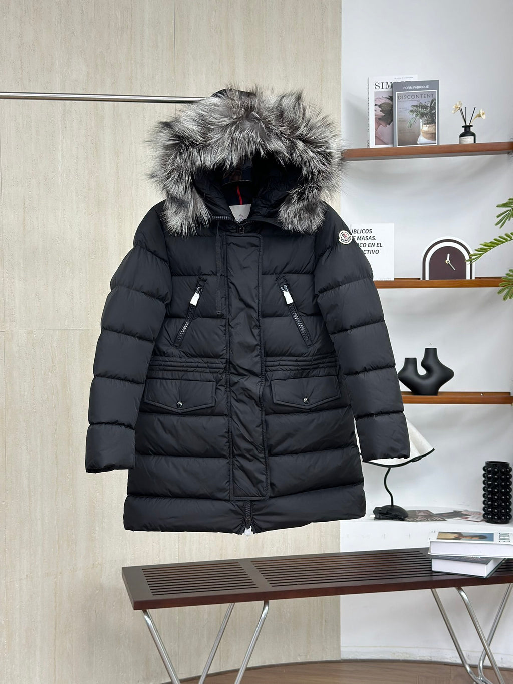 Moncler Silver Fox Fur Collar Long Down Jacket