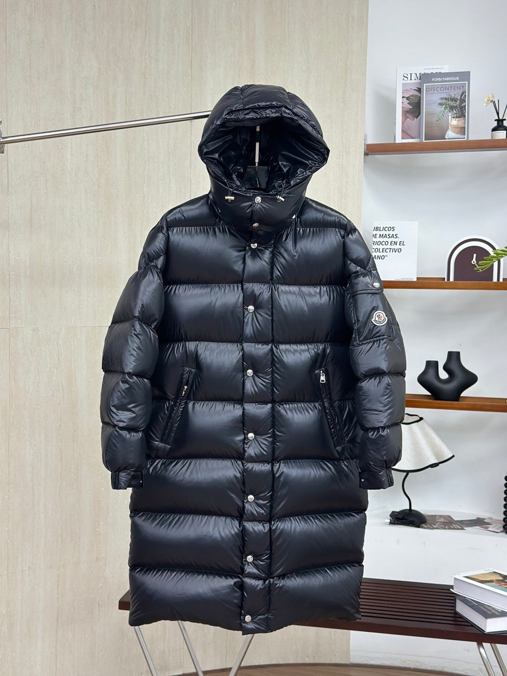Moncler Maya Long Down Jacket with Arm Logo