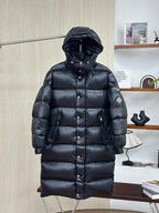Moncler Maya Long Down Jacket with Arm Logo