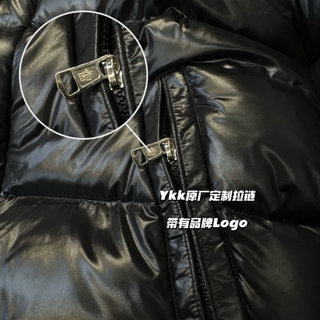 Moncler Maya Long Down Jacket with Arm Logo