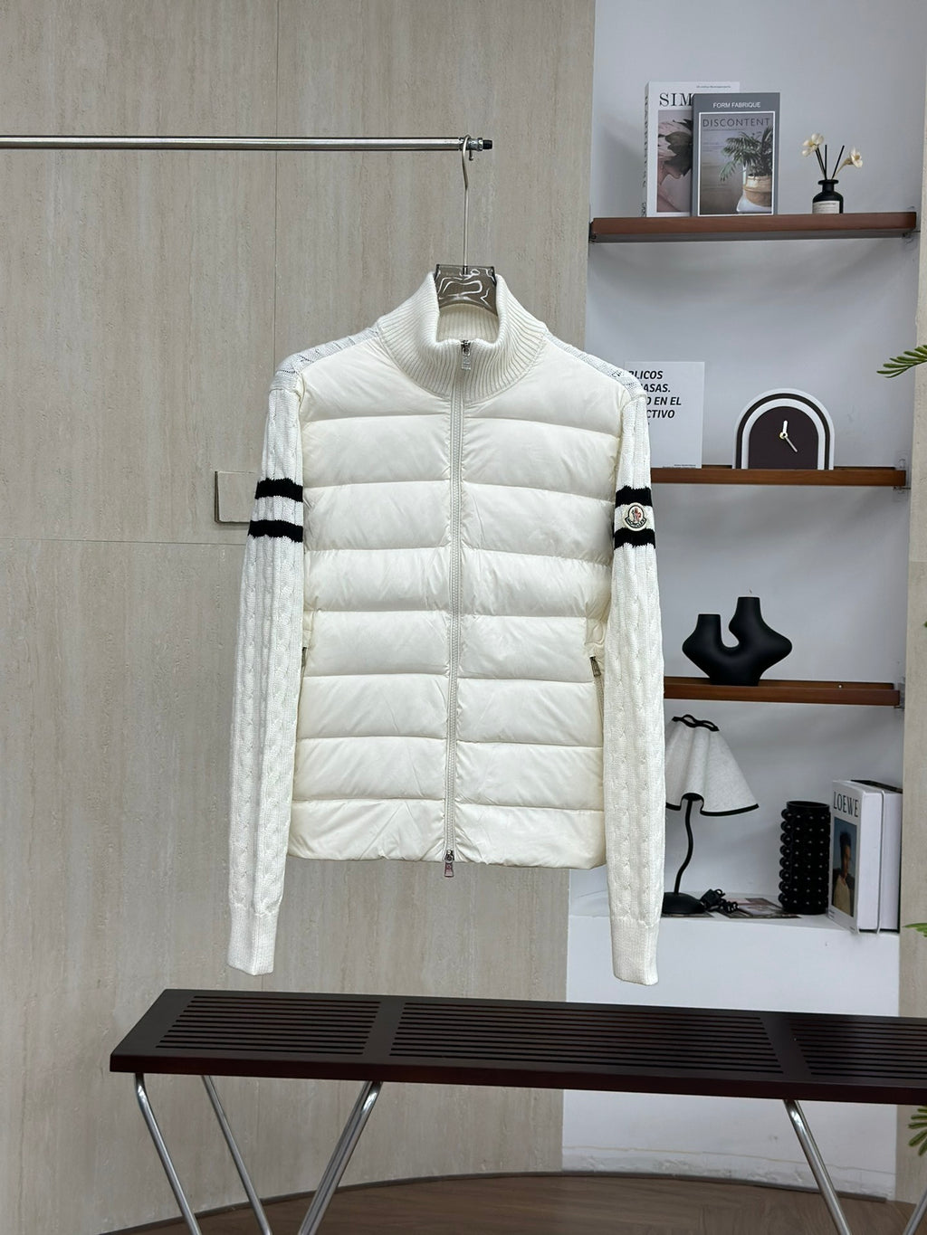 Moncler Stand Collar Down Jacket with Knitted Sleeves