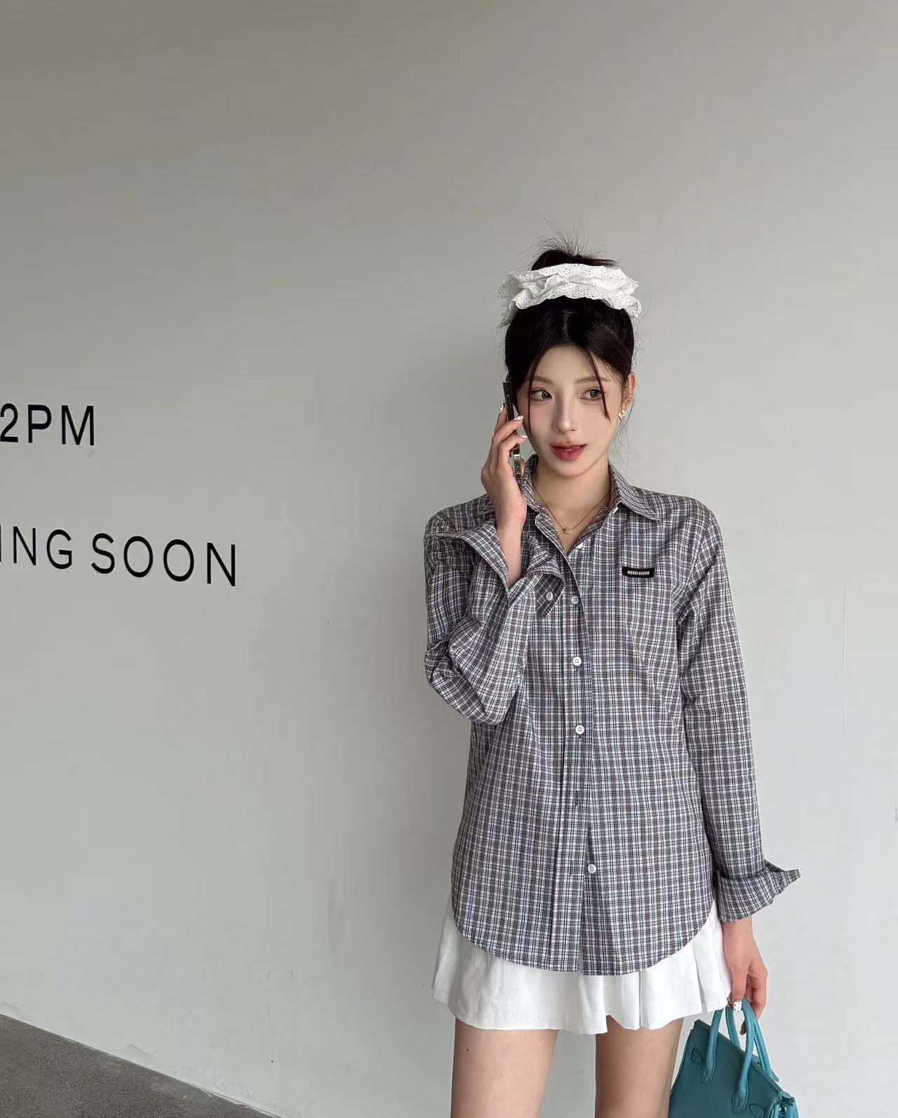 Miu Miu Check Cotton Long-sleeved Shirt