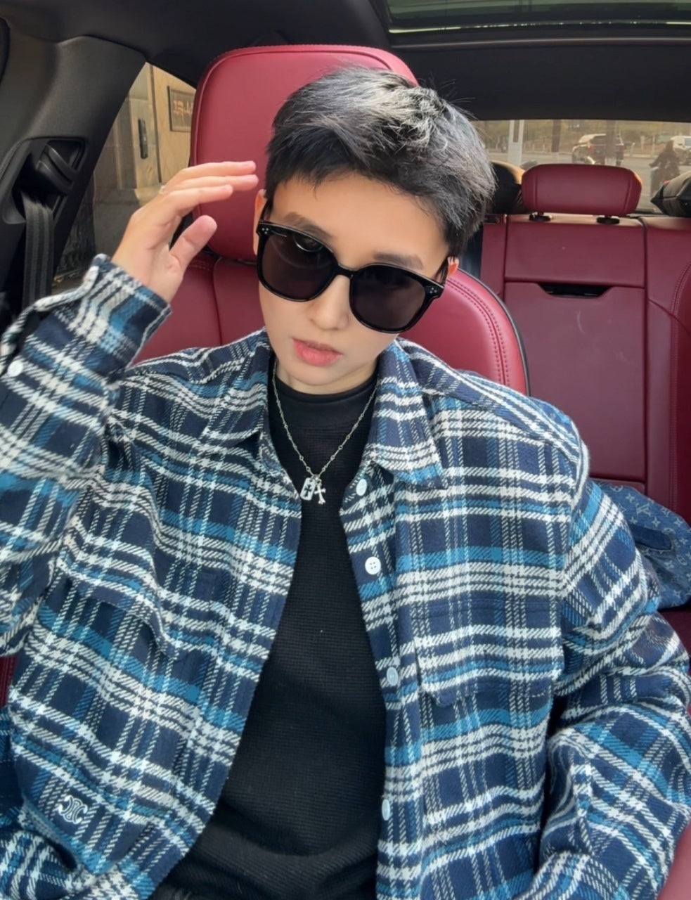 Celine Small Blue Plaid Long-sleeved Shirt