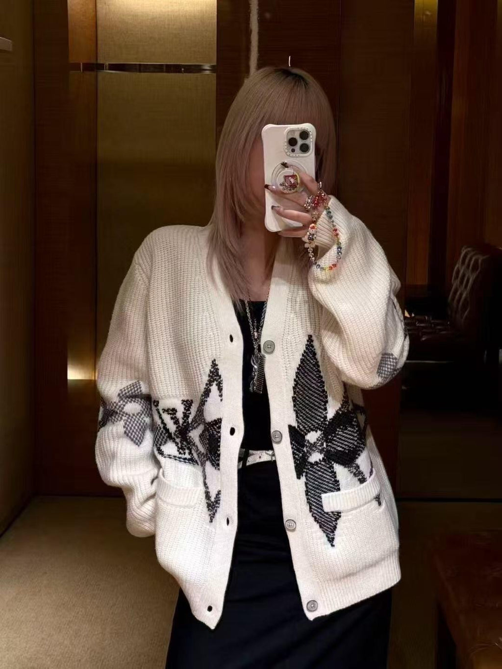Louis Vuitton Knitted Cardigan Wool Blend Jacquard Long Sleeves