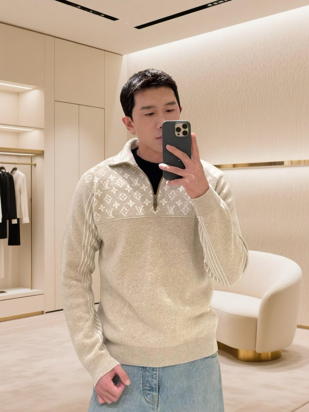 Louis Vuitton Jacquard Logo Half-Zip Knit Sweater