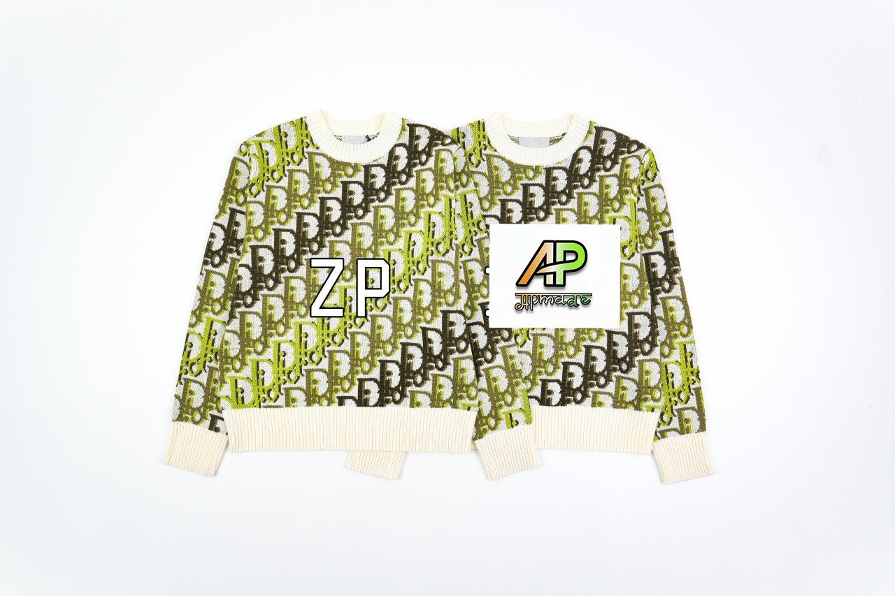 Dior CD Beige-Green All-Over Dior Jacquard Crew Neck Sweater