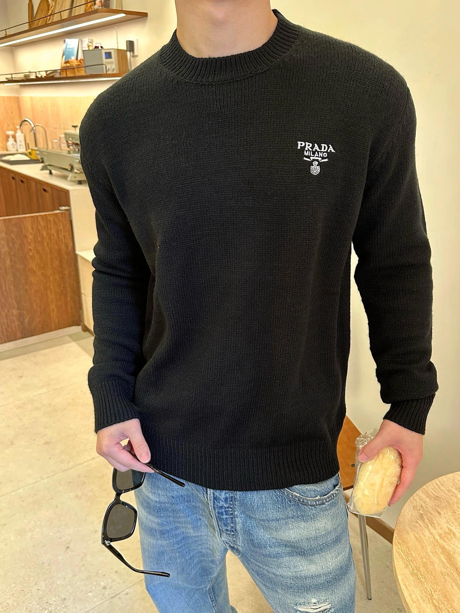 Prada Embroidered Logo Wool Knit Pullover