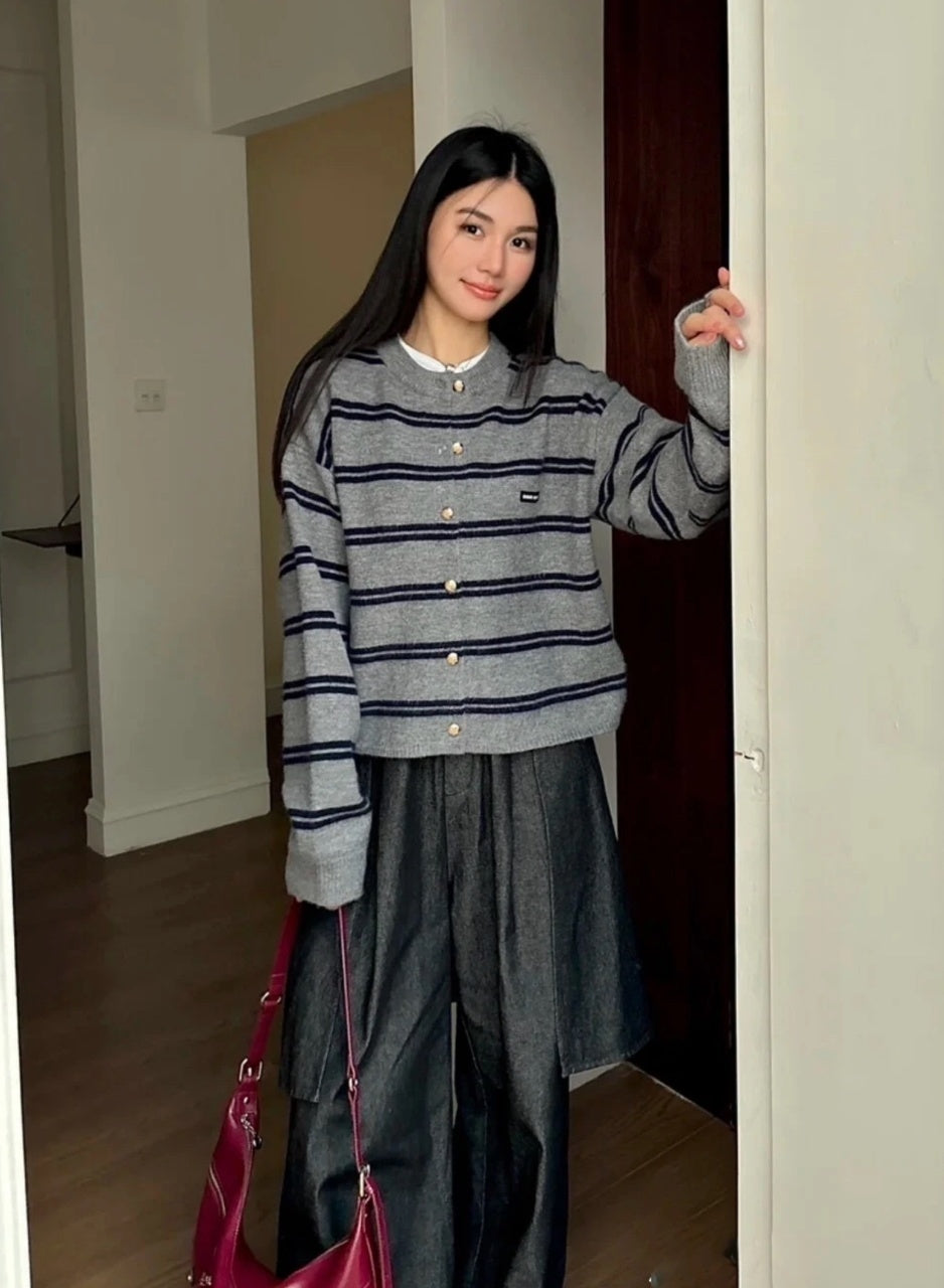 Miu Miu Gray Striped Cashmere Cardigan