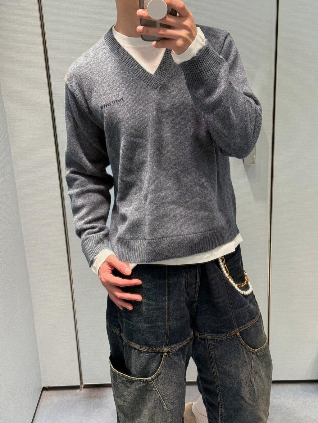 Miu Miu Fake Two-Piece Cashmere V-Neck Sweater