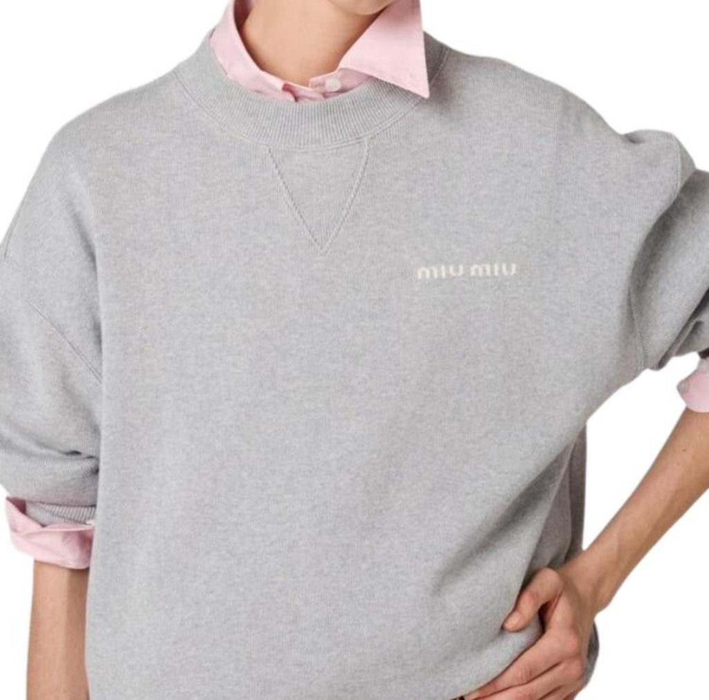 Miu Miu Grey Crew Neck Sweater with Small Logo