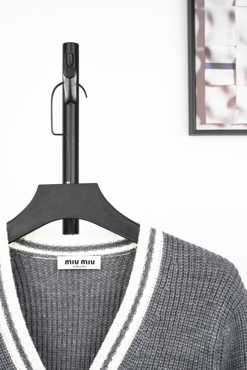 Miu Miu Small Label Gray & White Placket Cardigan