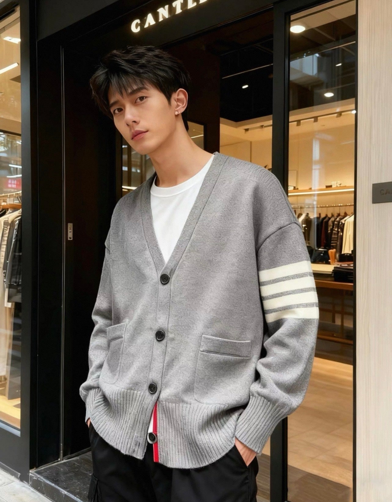 Thom Browne K53 Four-Stripe Wool Crew Neck Sweater – Elegant Gray