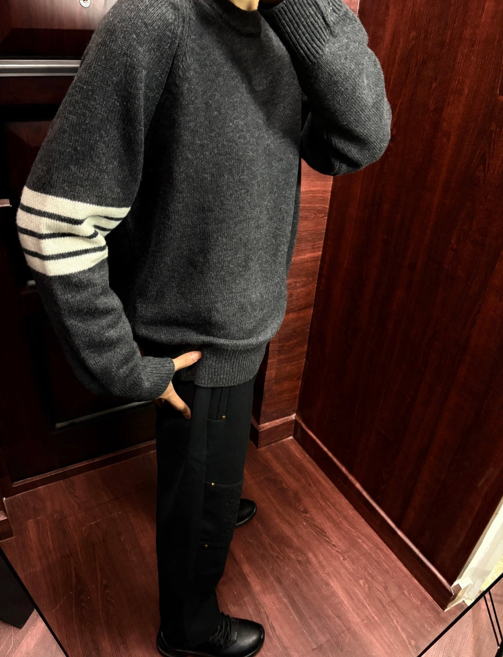 Thom Browne K53 Four-Stripe Wool Crew Neck Sweater – Smoky Gray