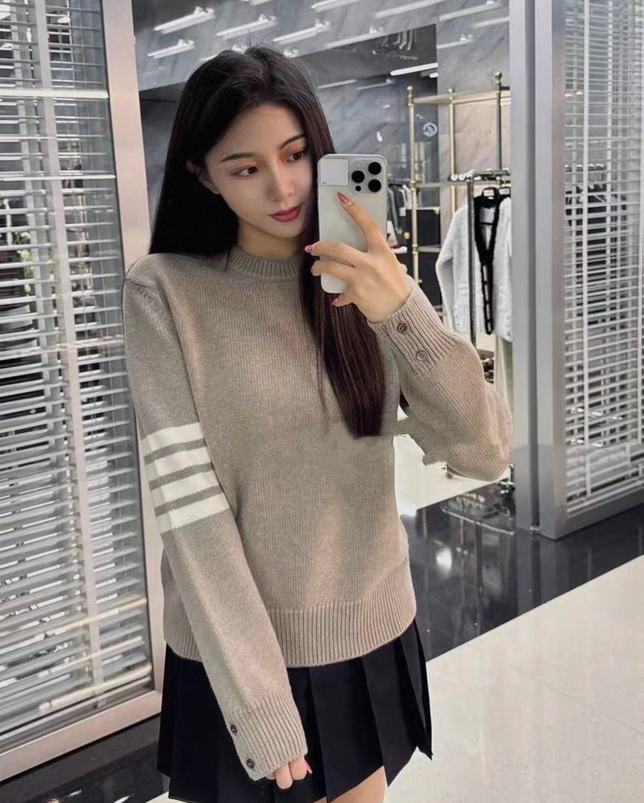 Thom Browne K53 Four-Stripe Wool Crew Neck Sweater – Smoky Gray