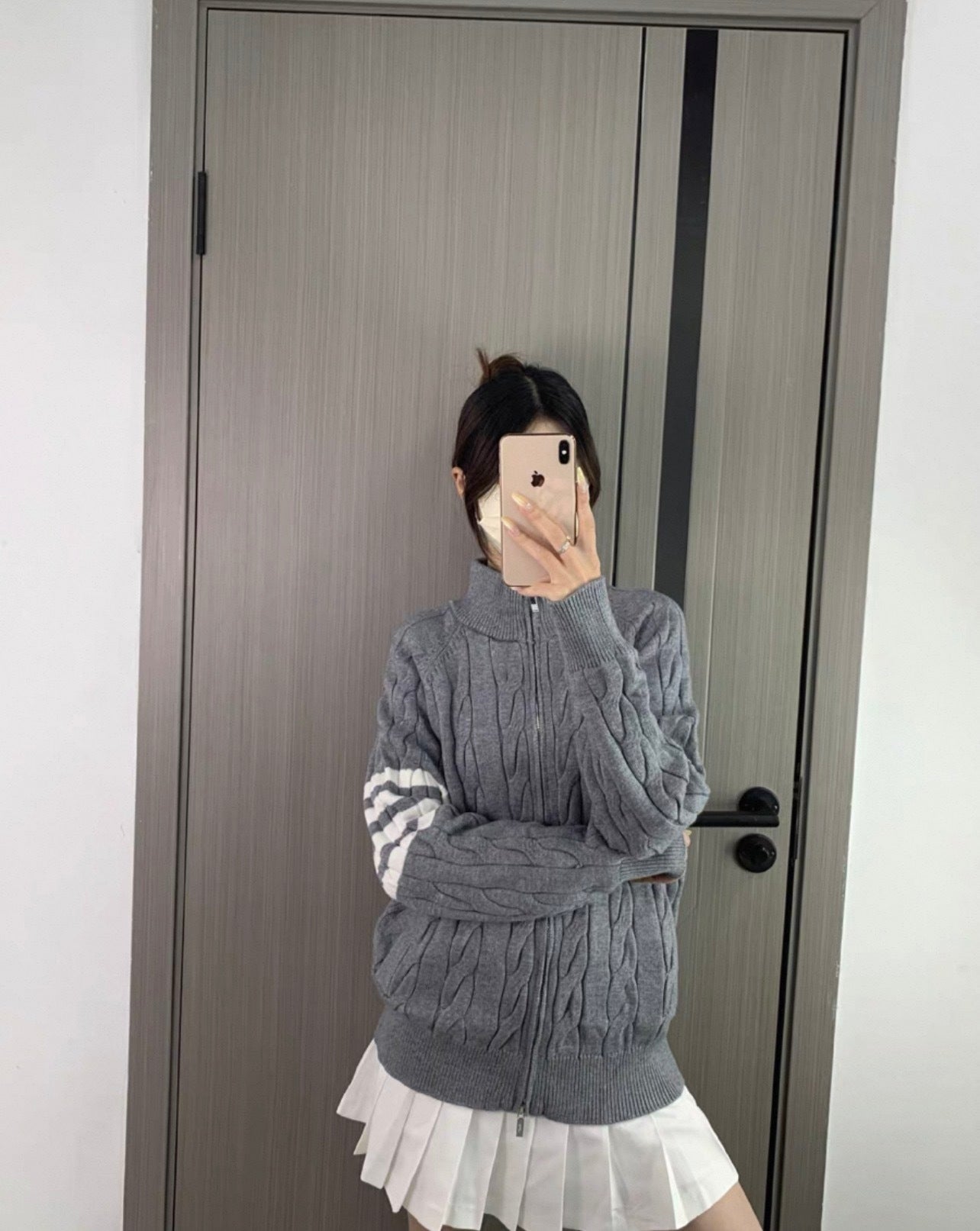 Thom Browne K12 Four-Bar Cable Knit Sweater Cardigan – Grey