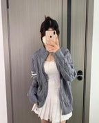 Thom Browne K12 Four-Bar Cable Knit Sweater Cardigan – Grey
