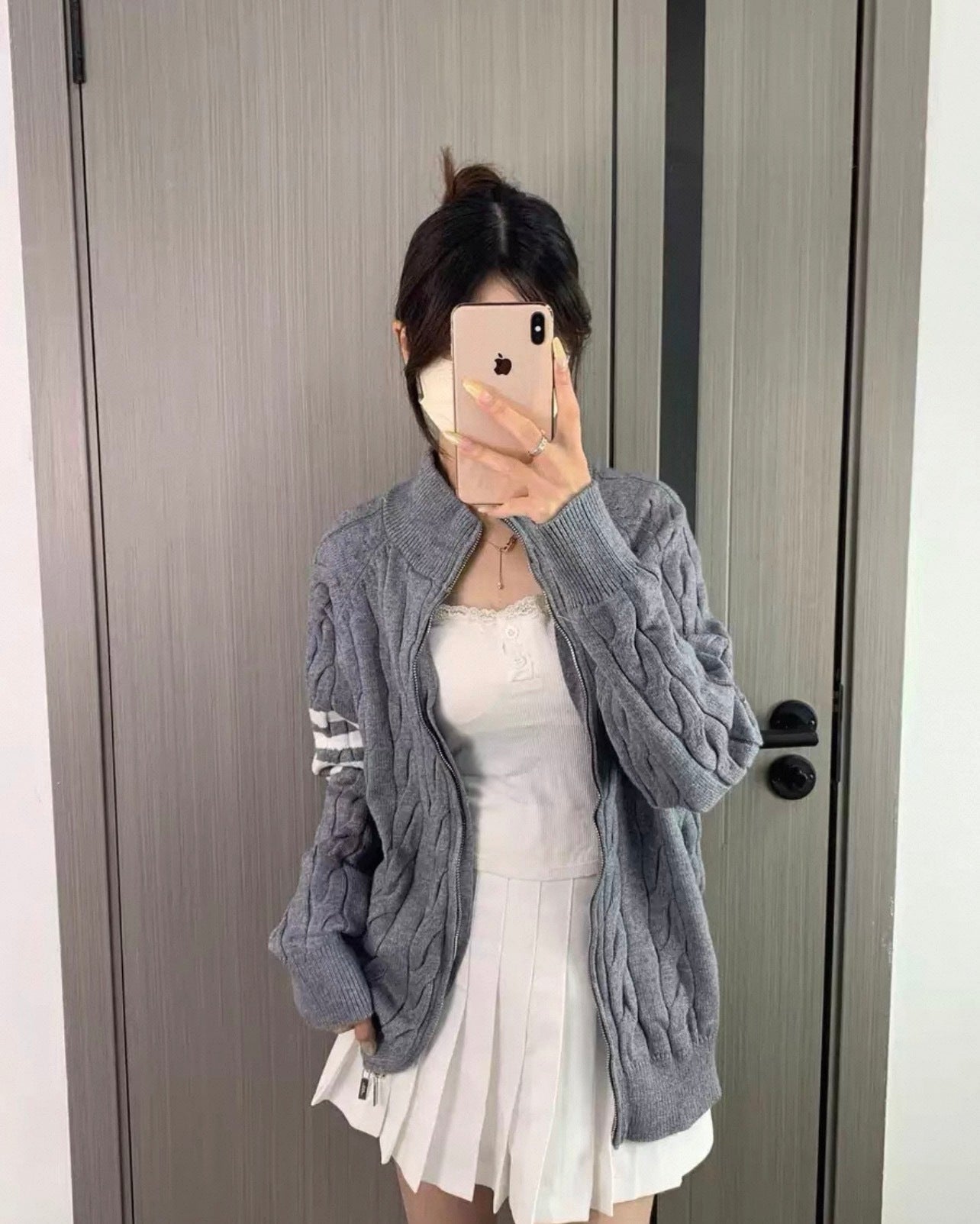 Thom Browne K12 Four-Bar Cable Knit Sweater Cardigan – Grey