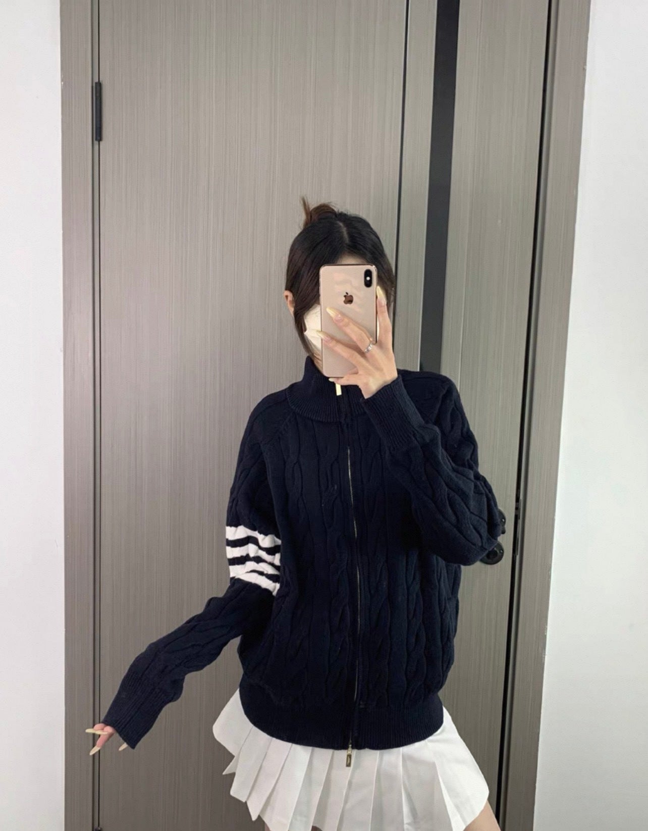 Thom Browne K12 Four-Bar Cable Knit Sweater Cardigan – Grey