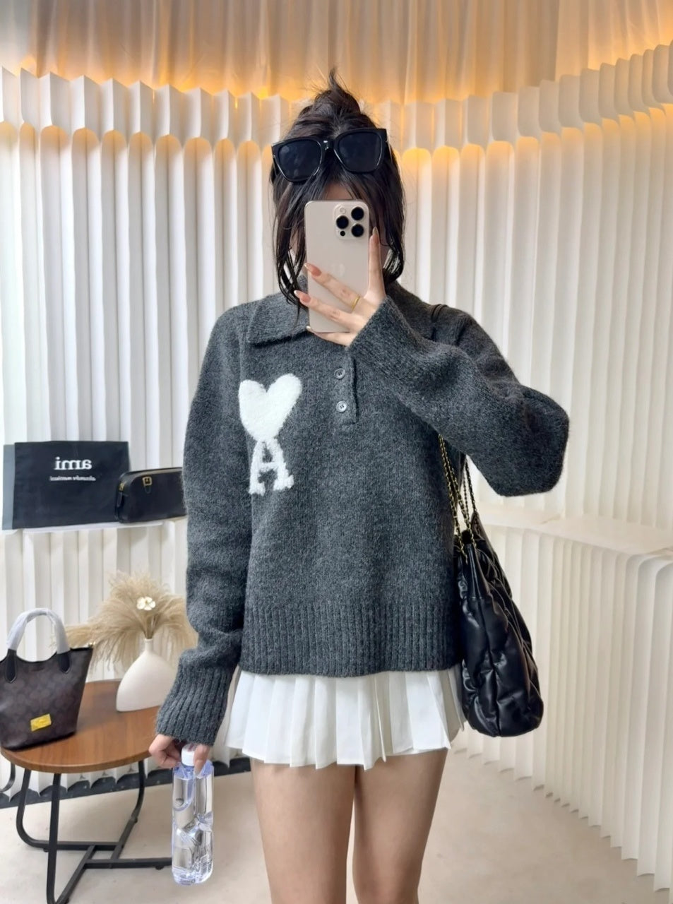 Ami Paris Heart Pattern Casual Knitted Cloud Sweater