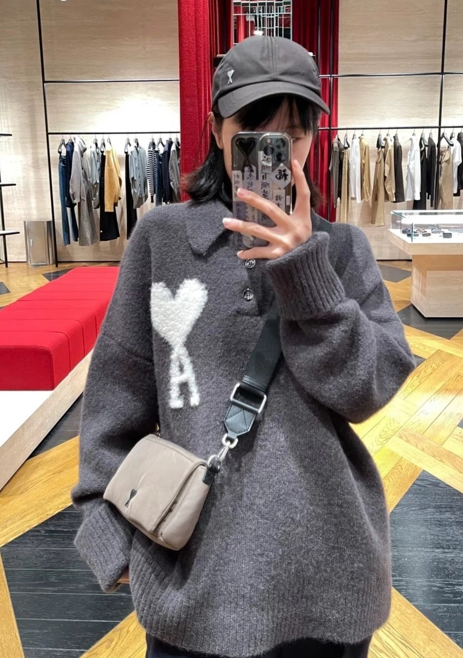 Ami Paris Heart Pattern Casual Knitted Cloud Sweater