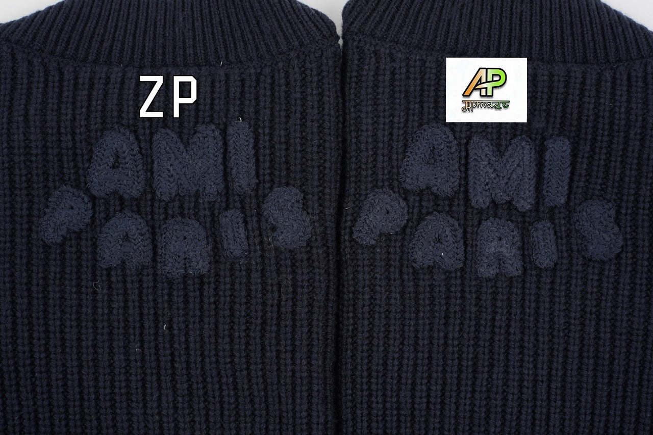 Ami Paris Heart-Shaped Logo Striped V-Neck Sweater