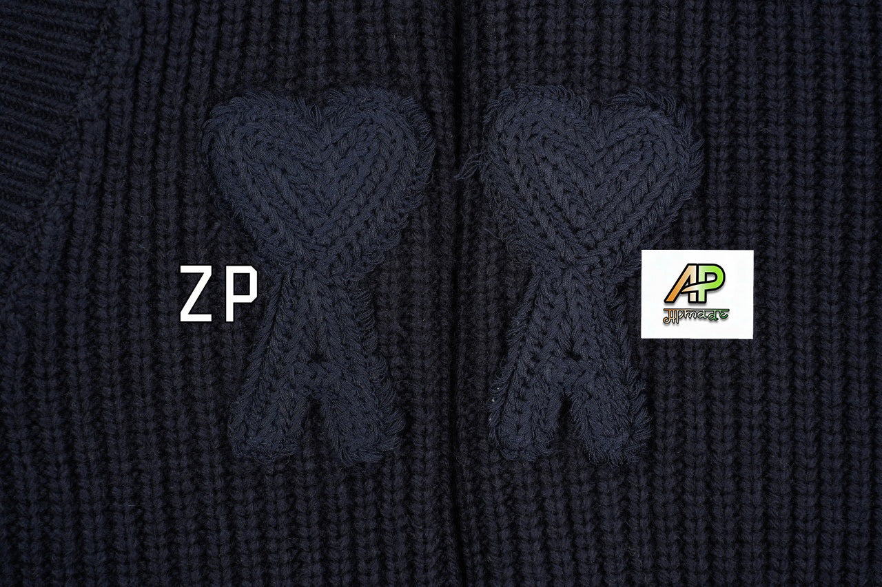 Ami Paris Heart-Shaped Logo Striped V-Neck Sweater