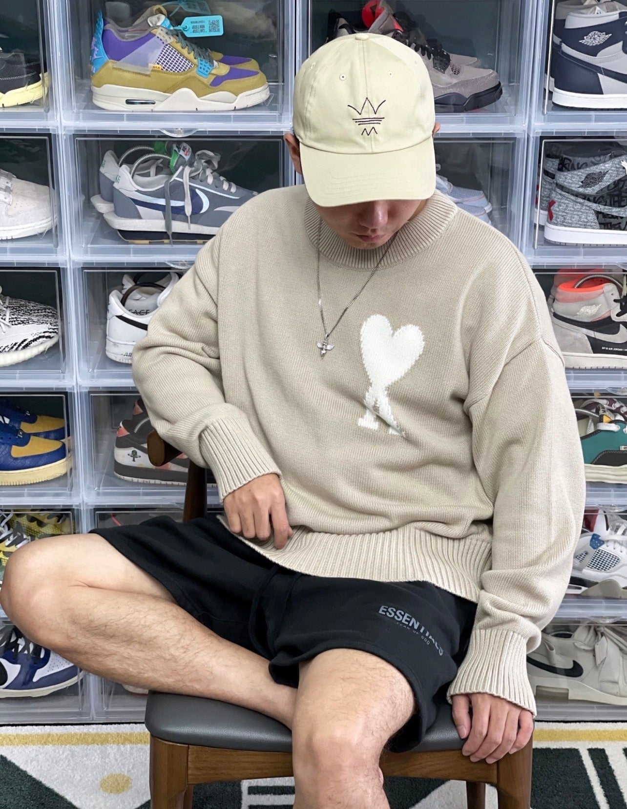 Ami Paris Heart-Patterned Jacquard Crew Neck Sweater Khaki White