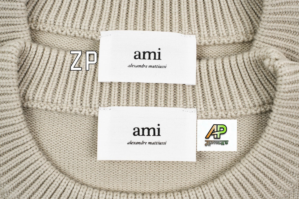 Ami Paris Heart-Patterned Jacquard Crew Neck Sweater Khaki White