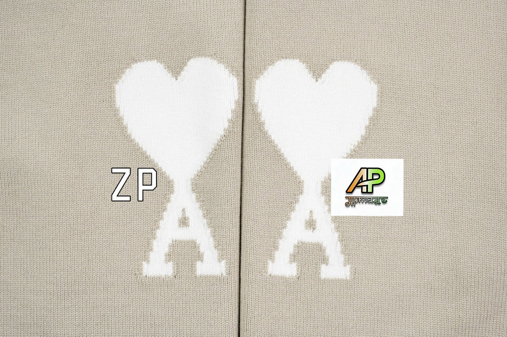 Ami Paris Heart-Patterned Jacquard Crew Neck Sweater Khaki White