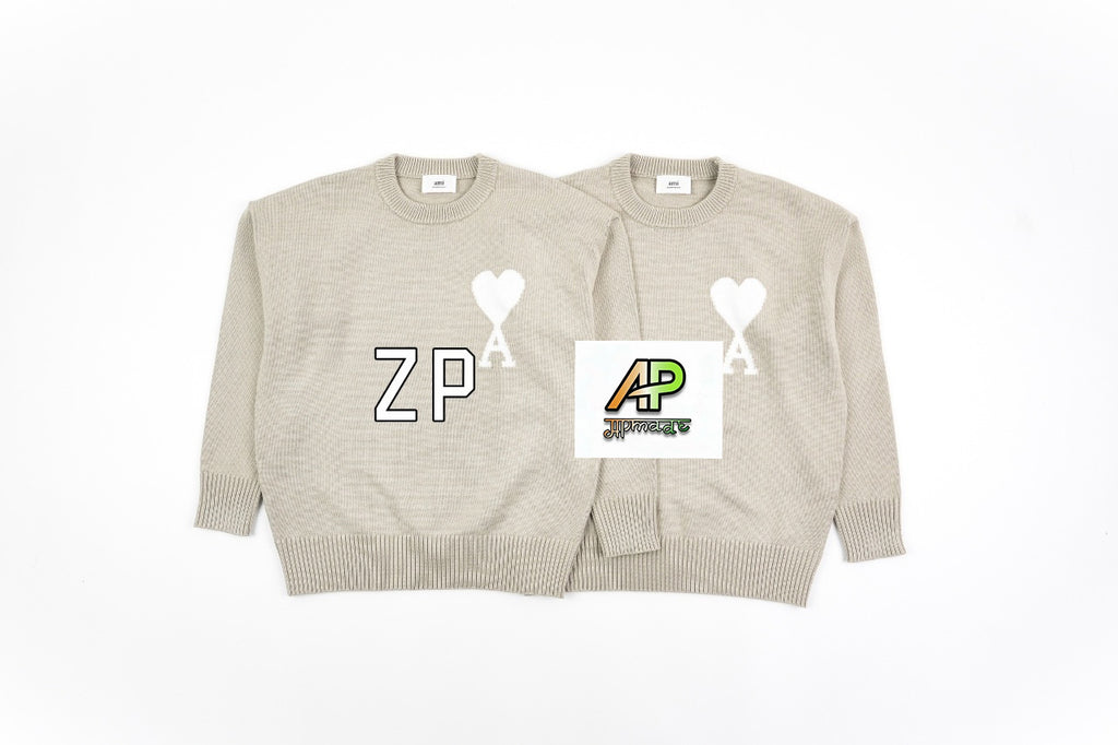 Ami Paris Heart-Patterned Jacquard Crew Neck Sweater Khaki White