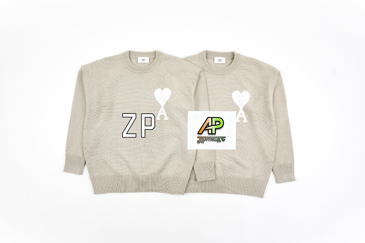 Ami Paris Heart-Patterned Jacquard Crew Neck Sweater Khaki White