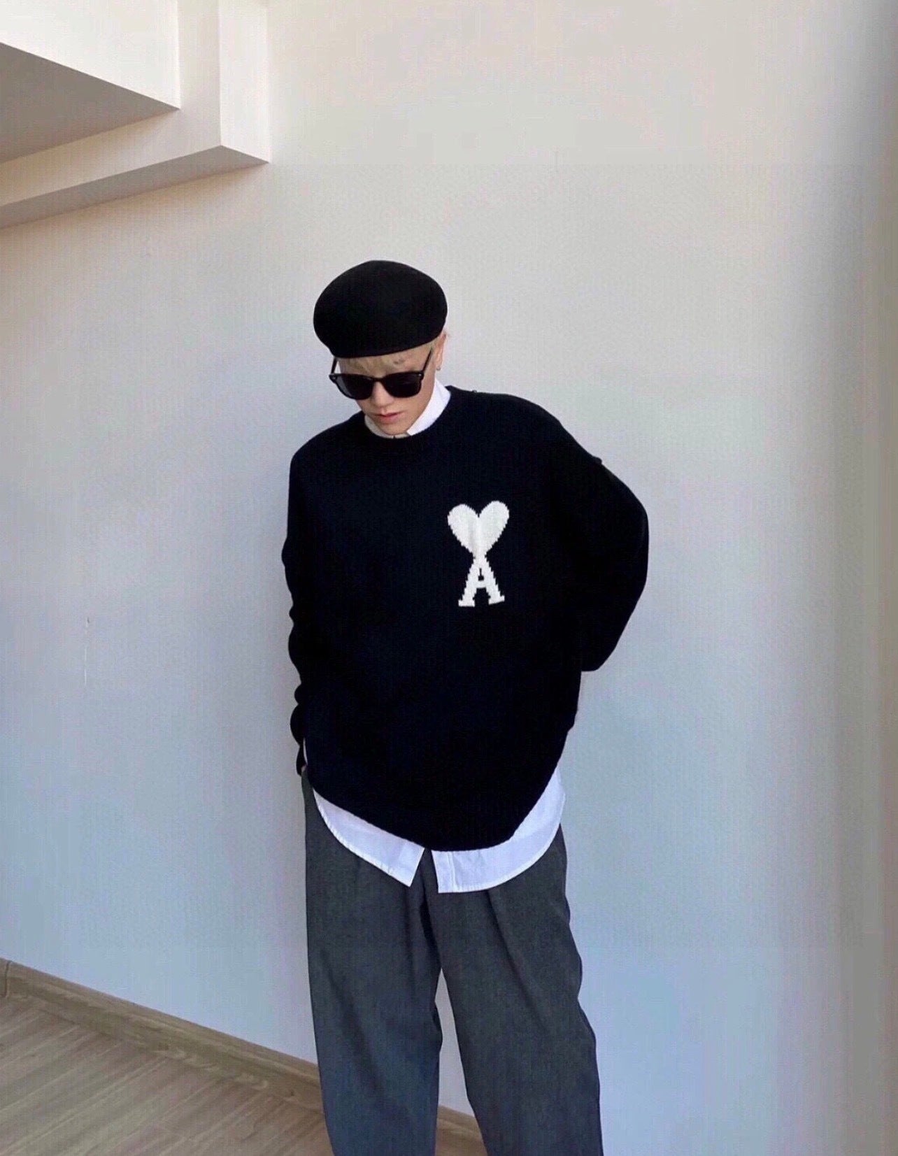 Ami Paris Heart-Patterned Jacquard Crew Neck Sweater Khaki White