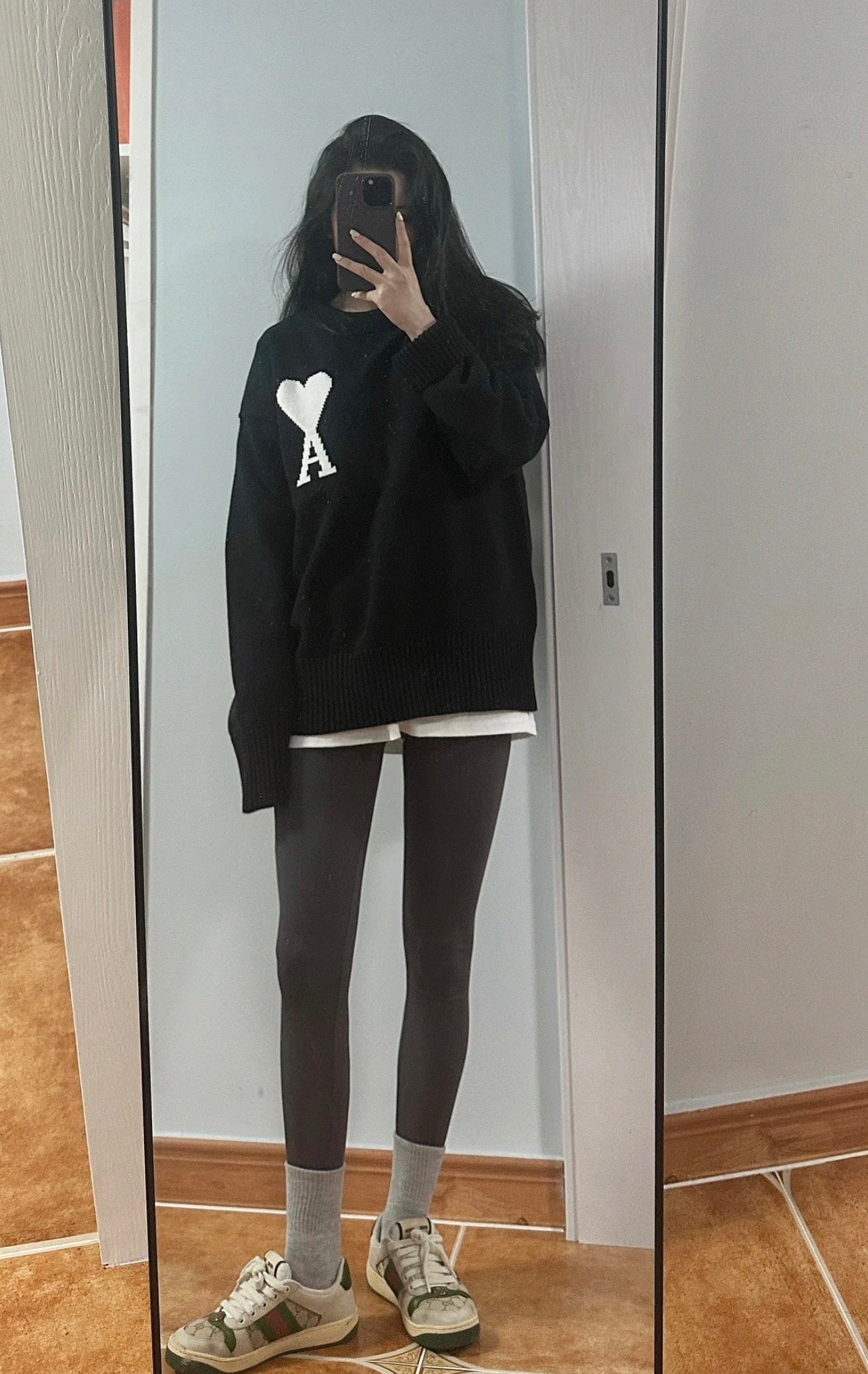 Ami Paris Heart-Patterned Jacquard Crew Neck Sweater Khaki White