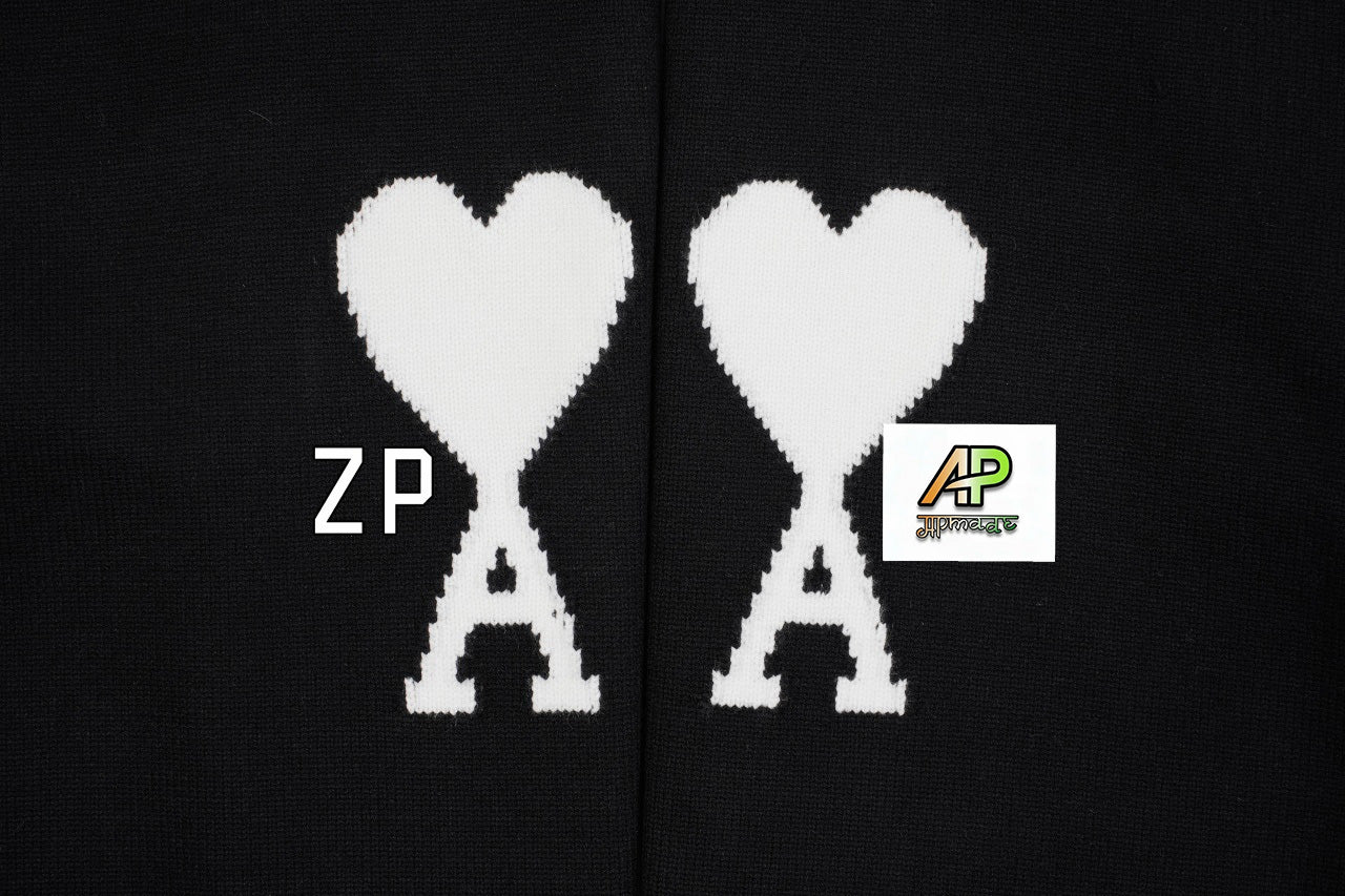 Ami Paris Heart-Patterned Jacquard Crew Neck Sweater Khaki White