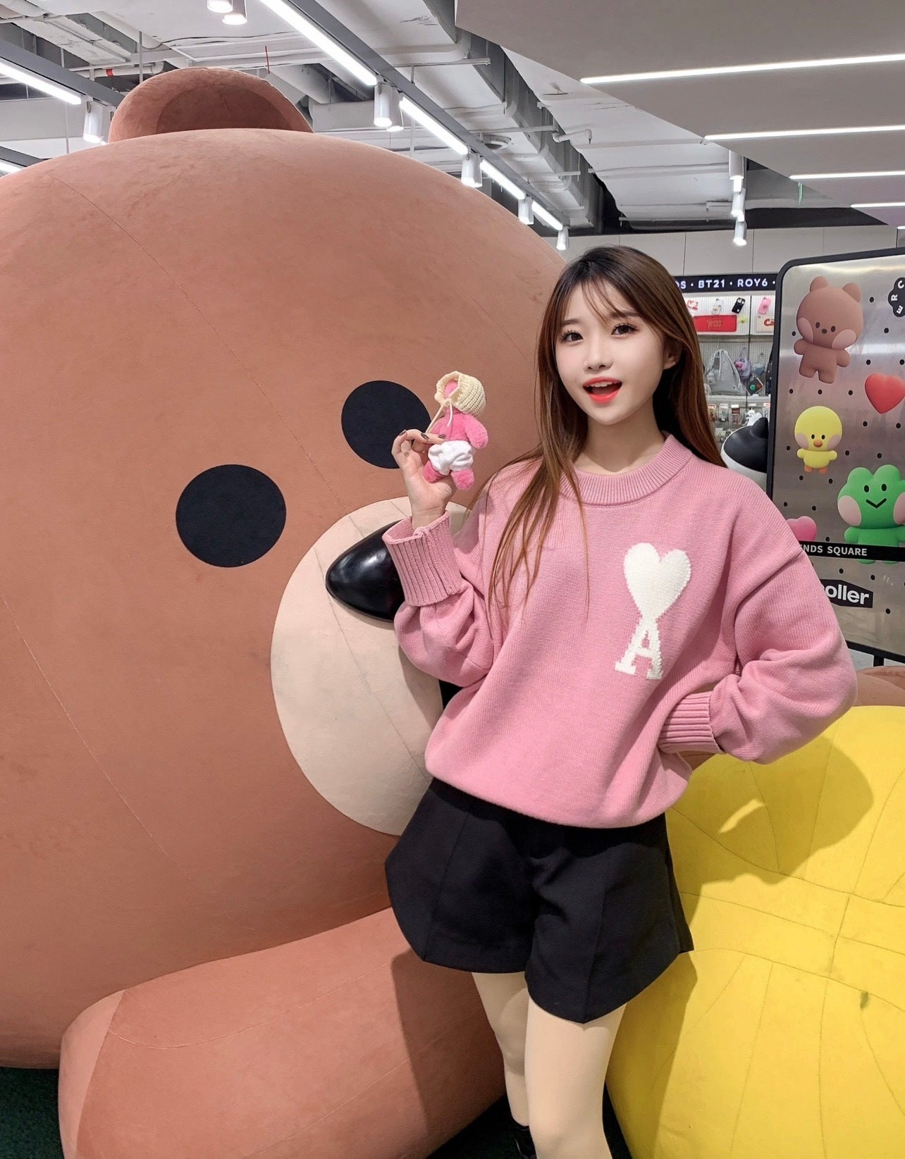 Ami Paris Heart-Patterned Jacquard Crew Neck Sweater Khaki White