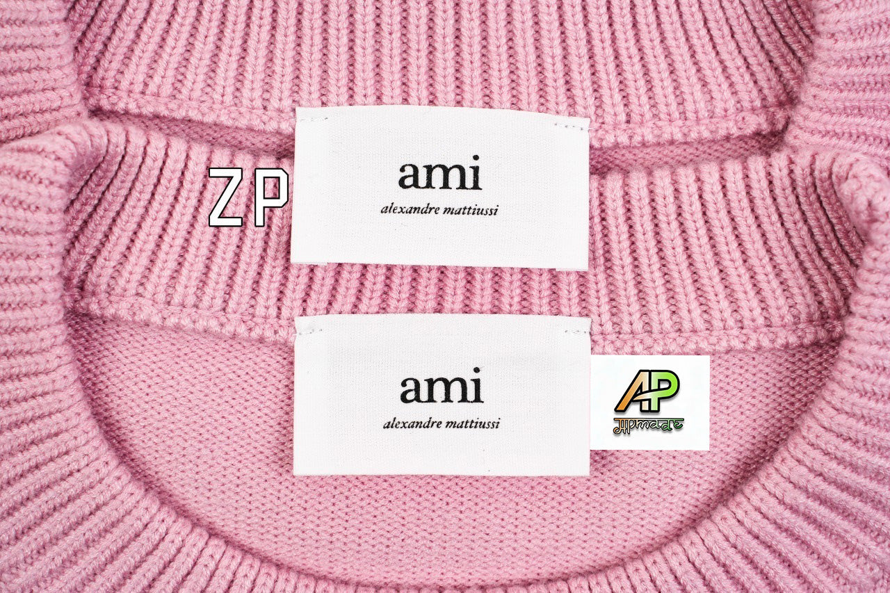 Ami Paris Heart-Patterned Jacquard Crew Neck Sweater Khaki White