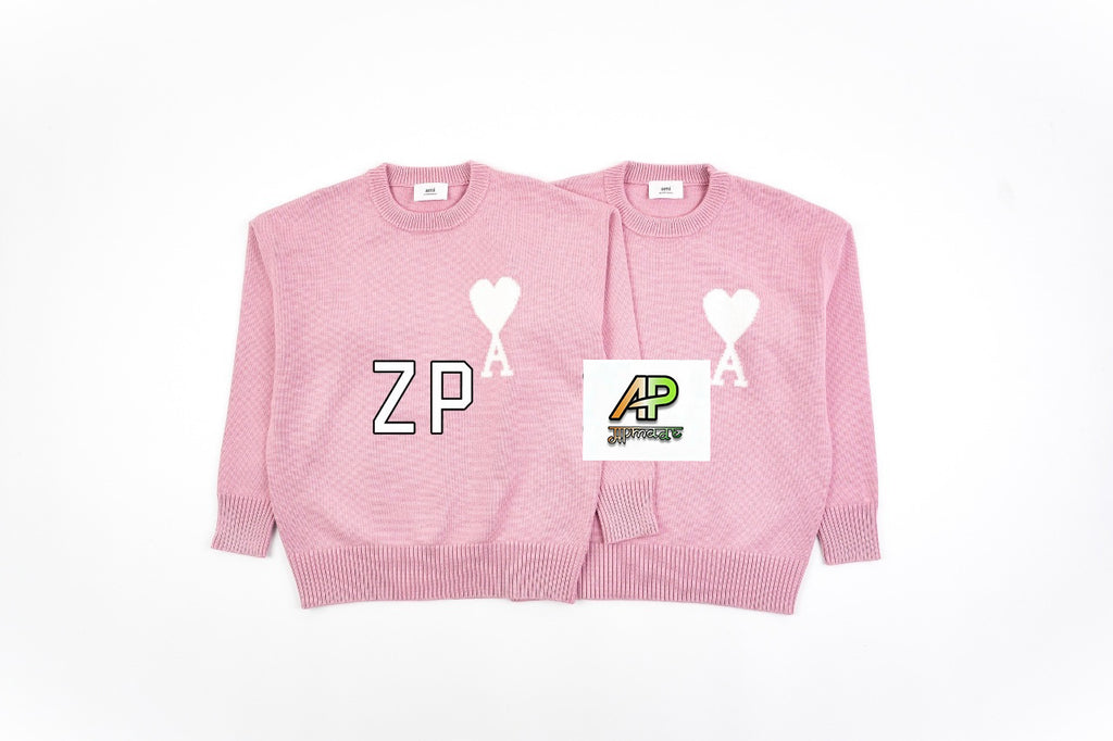 Ami Paris Heart-Patterned Jacquard Crew Neck Sweater Khaki White