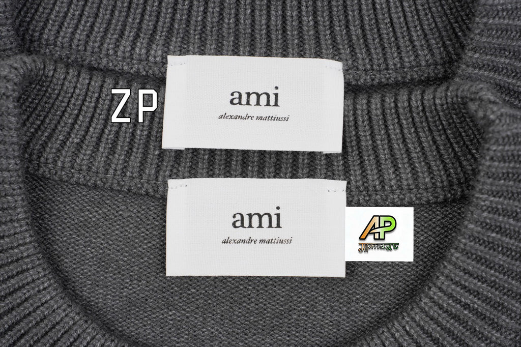 Ami Paris Heart-Patterned Jacquard Crew Neck Sweater Khaki White