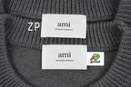Ami Paris Heart-Patterned Jacquard Crew Neck Sweater Khaki White