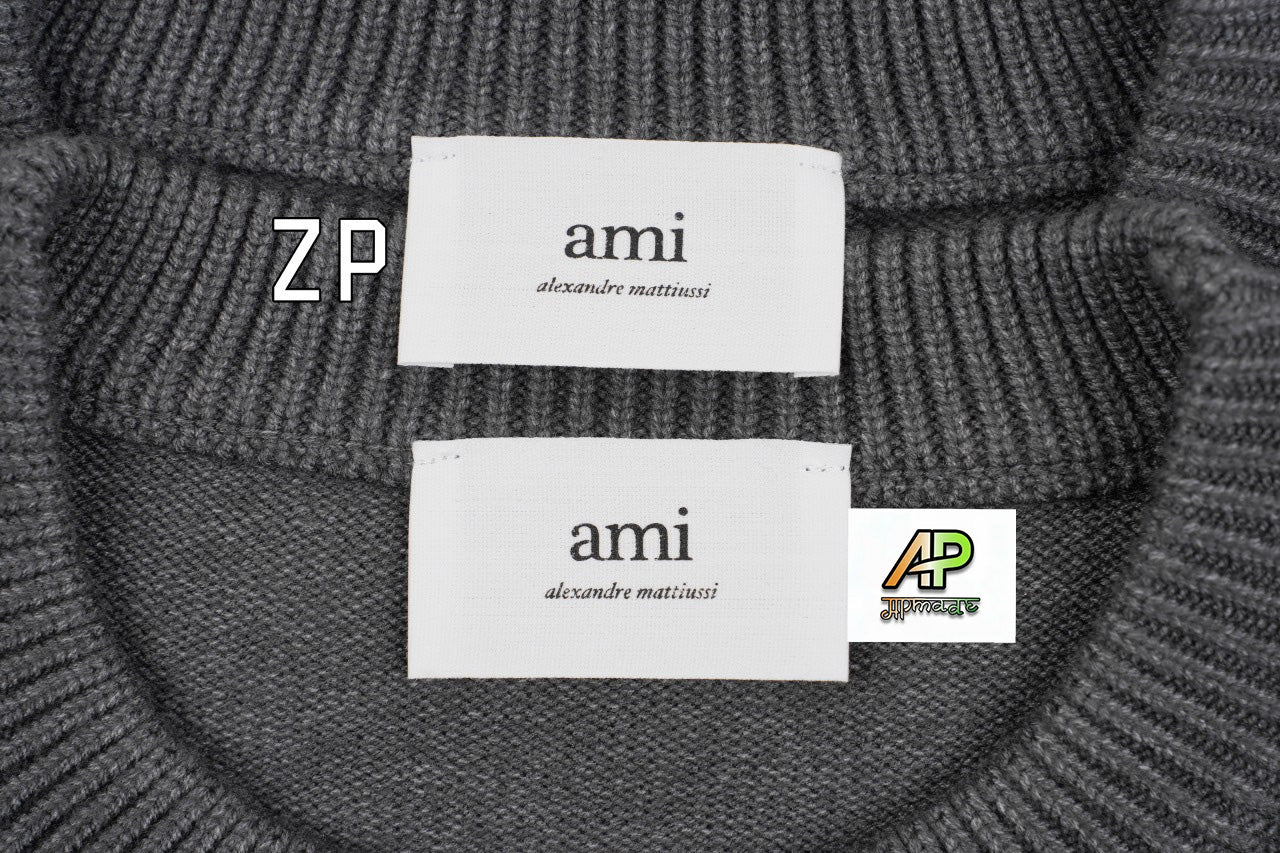 Ami Paris Heart-Patterned Jacquard Crew Neck Sweater Khaki White