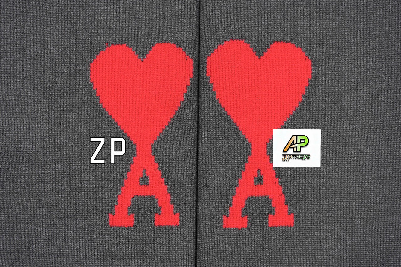 Ami Paris Heart-Patterned Jacquard Crew Neck Sweater Khaki White